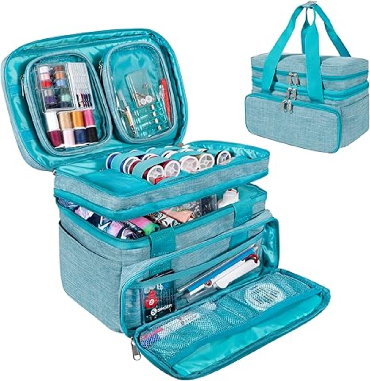 Sewing Accessories Organizer (Bag Only) – Double Layer Portable Sewing Storage Bag | 2 Detachable Pouches and 18 Compartments, Large Sewing Supplies & Crafting Carry-all (Teal)